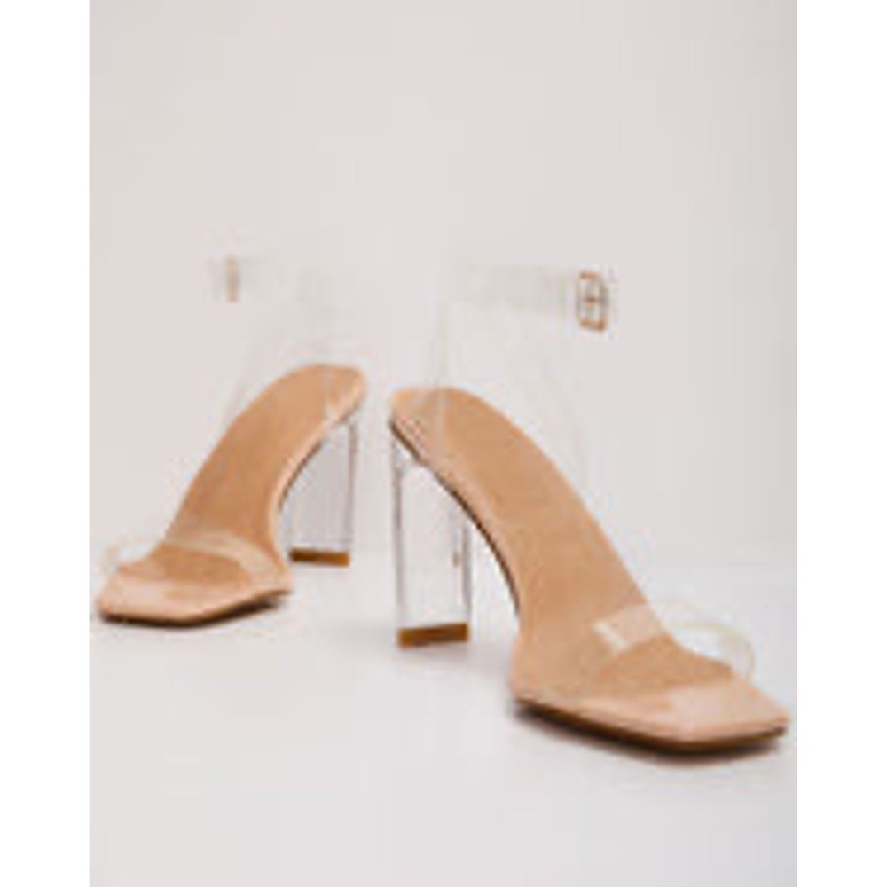 Billini Santiago Clear PVC Ankle Strap Block Heel Sandals Tan Square Toe Womens